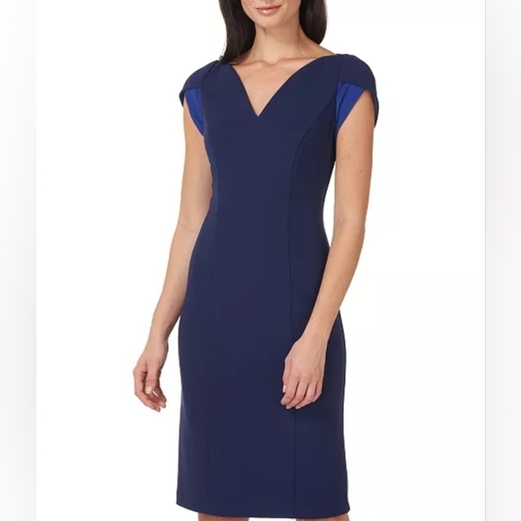 New JS Collections Tulip Sleeve V Neck Mini Structured Dress Size 2 Women Blue - Picture 2 of 16